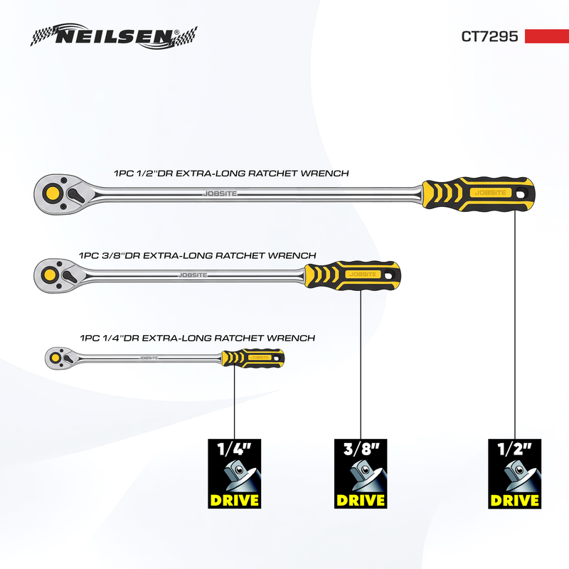 CT7295 - 3pcs Extra Long Ratchet Set 1/2", 3/8", 1/4"DRIVE, 90T