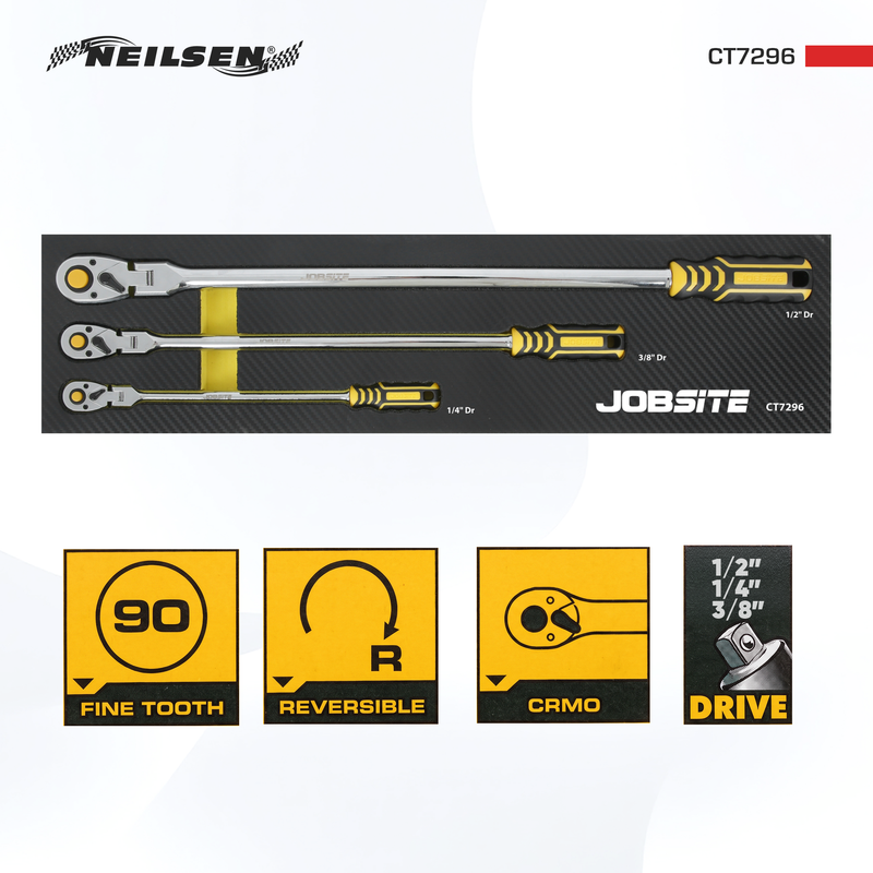 CT7296 - 3pcs Extra Long Flexible Ratchet Set  1/2", 3/8",1/4"DRIVE, 90T