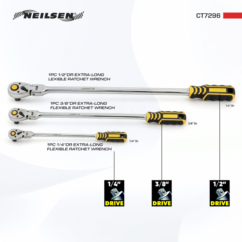 CT7296 - 3pcs Extra Long Flexible Ratchet Set  1/2", 3/8",1/4"DRIVE, 90T