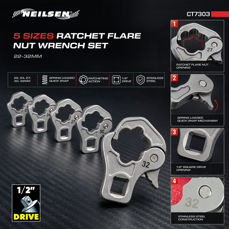 CT7303 - 5pcs Ratchet Flare Nut Wrench Set  22-32mm