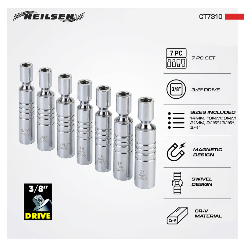 CT7310 - 7pc 3/8" Magnetic Swivel Spark Plug Socket