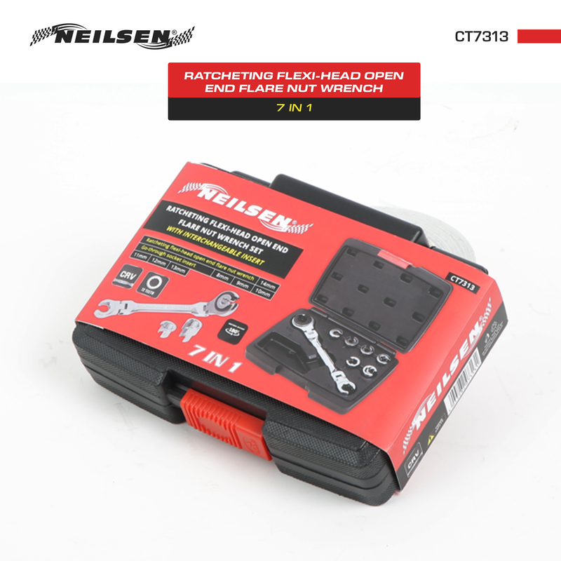 CT7313 - 7 IN 1 Ratcheting Flexi Head Open End Flare Nut Wrench With Interchangeable Insert