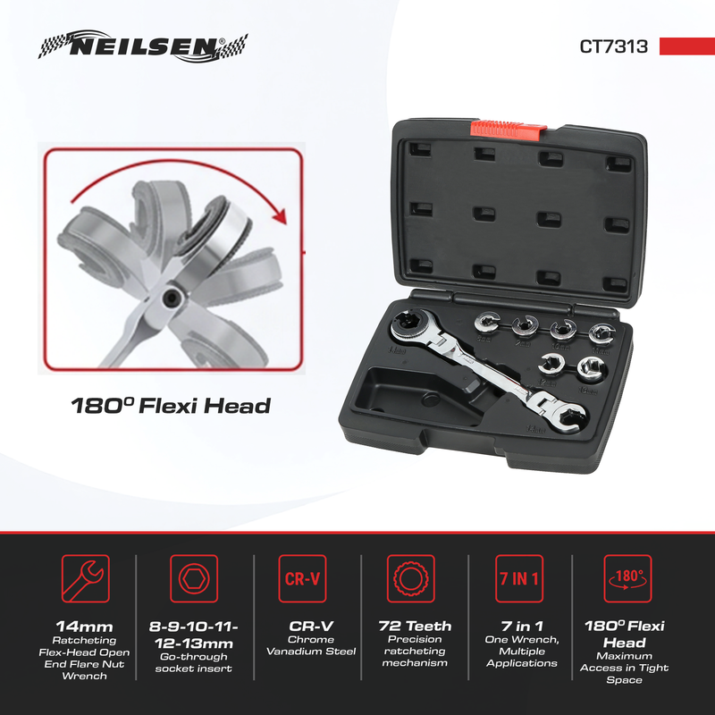 CT7313 - 7 IN 1 Ratcheting Flexi Head Open End Flare Nut Wrench With Interchangeable Insert