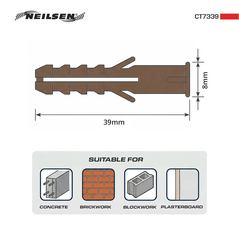 CT7339 - Universal Wall Fixings Anchors Brown 8mm 100 Plugs