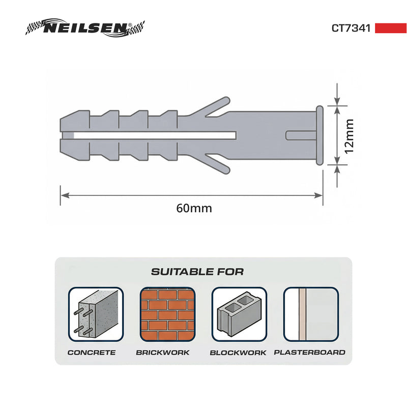 CT7341 - Universal Wall Fixings Anchors Grey 12mm 100 Plugs