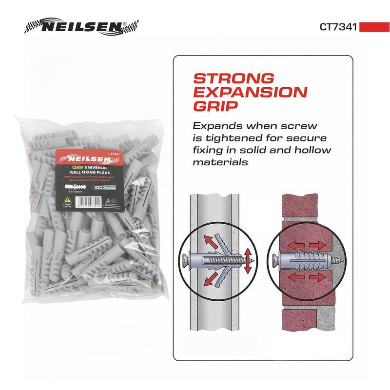 CT7341 - Universal Wall Fixings Anchors Grey 12mm 100 Plugs