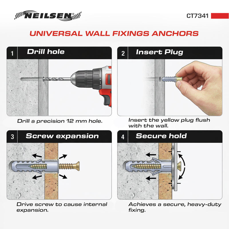 CT7341 - Universal Wall Fixings Anchors Grey 12mm 100 Plugs