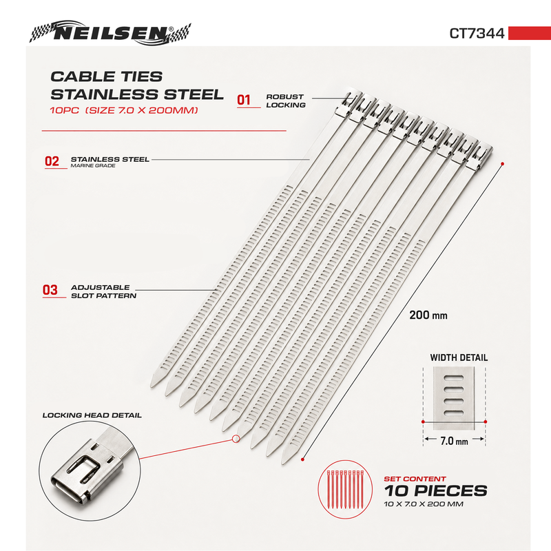 CT7344 - 10pc Cable Ties Stainless Steel Size 7.0 x 200mm