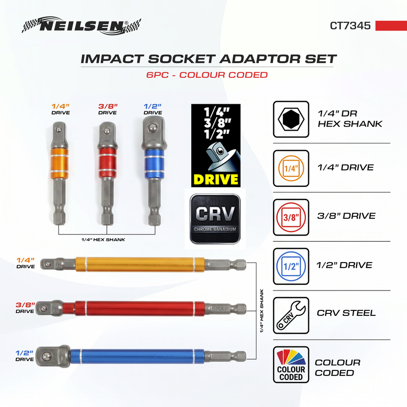 CT7345 - 6pc Colour Coded Impact Socket Adaptor Set