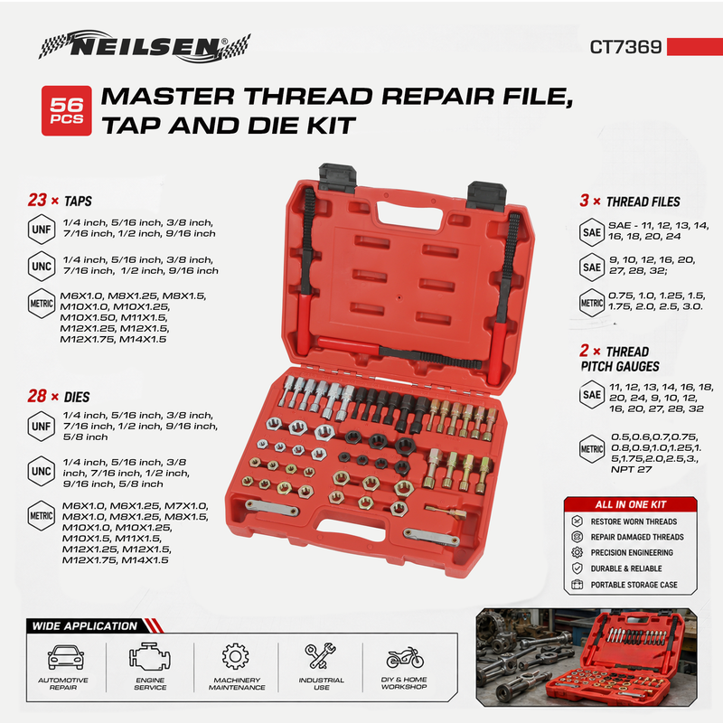 CT7369 - 56pcs Master Thread Repair File, Tap and Die Kit