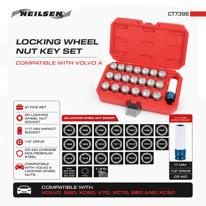 CT7398 - 21pc Locking Wheel Nut Key Set For Volvo A