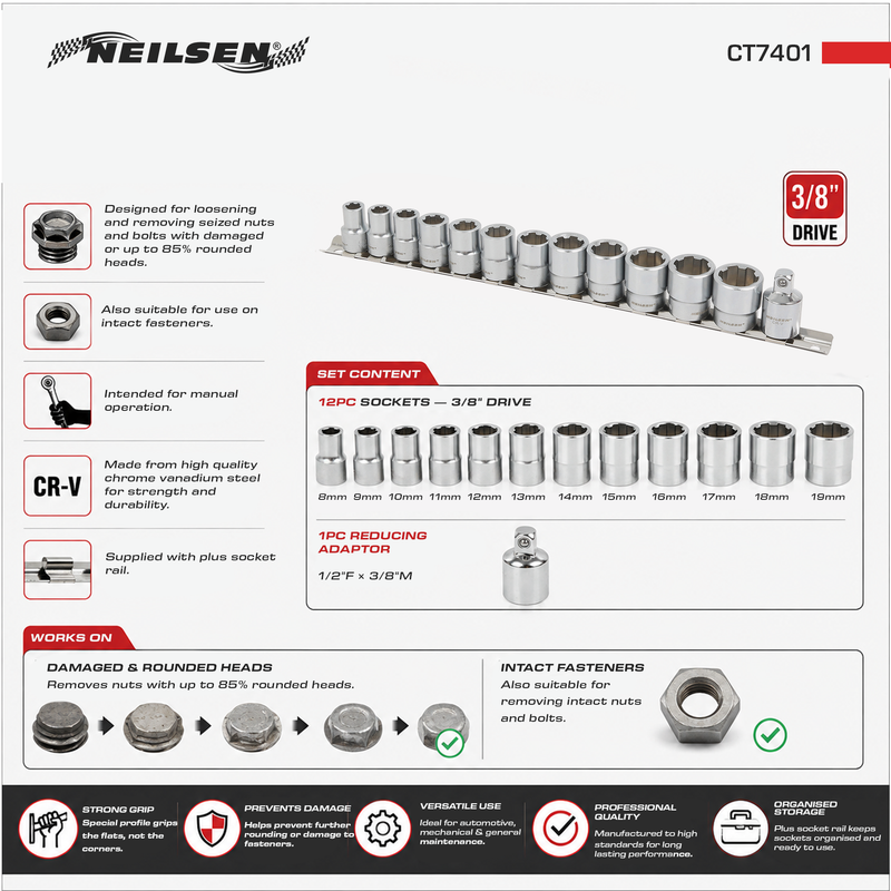 CT7401 - 13pcs 3/8" Rescue Power Socket Set for Loosening & Removing Seized Nuts