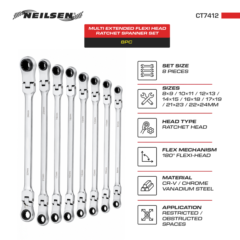CT7412 - 8pc Multi Extended Flexi Head Ratchet Spanner Set