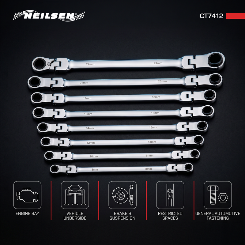 CT7412 - 8pc Multi Extended Flexi Head Ratchet Spanner Set