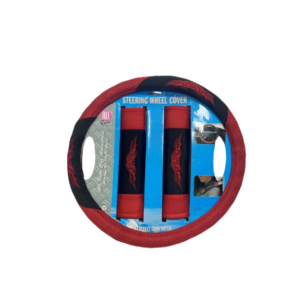AR21598 - All Ride Steering Wheel Cover Set 3pc (With Seatbelt Comforter Pads) 'Double Colour' Black And Red